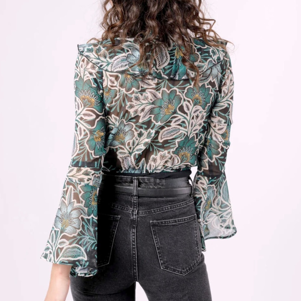 NWT Band of the Free Floral Chiffon Ruffle Bodysuit Green Black Women’s Small - Picture 6 of 9